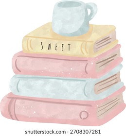 Pilha de livros aquarela com xícara de café - Clipart acolhedor