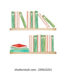 Watercolor Bookshelfs Background. Library Hand Drawn Illustration In Vector