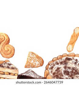 Watercolor Border Background of Italian Desserts – Tiramisu, Cannoli, Sfogliatelle. Hand-painted watercolor background. Soft, warm palette with realistic textures. for culinary branding, website. 