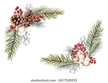 Watercolor border of winter and autumn plants.  Vector illustration of holly watercolor frame.