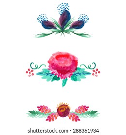 Watercolor borders and dividers decorative elements set isolated on white for site and card design. Roses, violet flower and leaves branches.