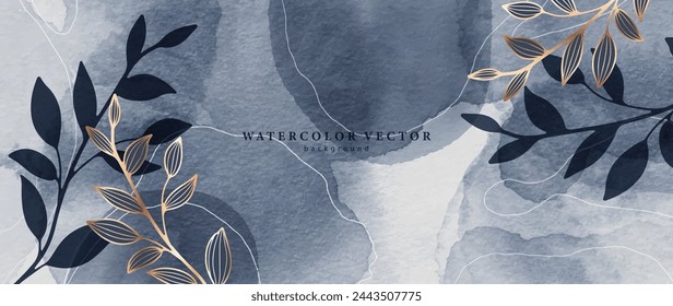 Watercolor botanical background in blue tones with branches and leaves. Watercolor design for covers, posters, banners.