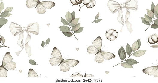 Watercolor botanical composition with white Cotton flowers and green Eucalyptus branches, and a tied ribbon. Floral drawing for wedding invitations or Baby shower greeting cards. Border with plants