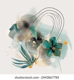 Watercolor botanical floral pattern with blossom flower, tropical plants, leaves, gold lines, spots. Vector painted beautiful light background. Trendy abstract arrangement with tropical exotic plants.