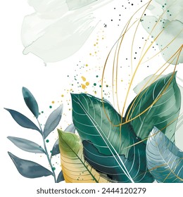 Patrón de follaje botánico acuarela con plantas tropicales, hojas, líneas de oro. Vector frondoso pintado hermoso fondo. Patrón floral. Arreglos ornamentados abstractos de moda con plantas tropicales.