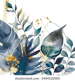 Patrón de follaje botánico acuarela con plantas tropicales, hojas, líneas de oro. Vector frondoso pintado hermoso fondo. Patrón floral. Arreglos ornamentados abstractos de moda con plantas tropicales.