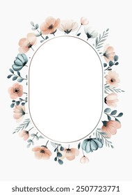 Watercolor botanical frame for invitations and cards. Foral template with wild meadow flowers in pastel colors. 