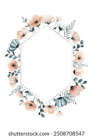 Watercolor botanical frame for invitations and cards. Foral template with wild meadow flowers in pastel colors.