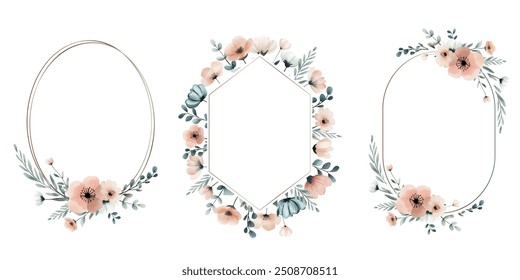 Watercolor botanical frames, foral templates. Set of botanical frames with meadow flowers in pastel colors. 