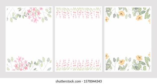 watercolor botanical hand drawing leafs wreath with tiny pink and yellow flowers wedding invitation card template 5x7 collection