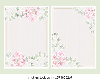 watercolor botanical hand drawing leafs with tiny pink on white wood background flowers wedding invitation card template 5x7 collection