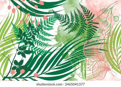 Acuarela botánica dibujada a mano sin patrón con plantas tropicales, palma, hojas de helecho, salpicaduras, manchas. Vector frondoso pintado hermoso fondo sucio. Patrón aislado dibujado floral en blanco.