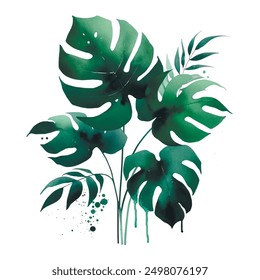 Watercolor botanical pattern with green tropical plants, palm, monstera leaves, liquid spots, drops, splashes. Vector leafy painted background. Floral pattern. Trendy beautiful composition of plants.