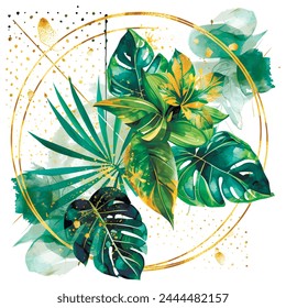 Watercolor botanical pattern with tropical plants, palm, monstera leaves, gold lines,circle frame, spots, dots. Vector leafy painted background. Floral pattern. Trendy beautiful composition of plants.