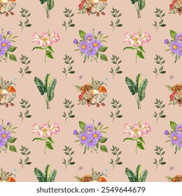 Watercolor botanical seamless pattern including leaves, stems, and delicate flowers. Ideal for textiles, wallpaper, or stationery. Flower pattern, vintage illustration, hand-painted,template backgroud
