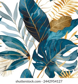 Watercolor botanical seamless pattern with tropical palm monstera leaves, gold lines. Vector leafy painted beautiful background. Floral pattern. Trendy abstract arrangements with tropical plants.