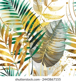 Patrón botánico sin costuras de acuarela con plantas tropicales, hojas de palma, líneas de oro. Vector frondoso pintado hermoso fondo. Patrón floral. Arreglos ornamentados abstractos de moda con plantas tropicales