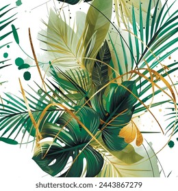 Patrón botánico sin costuras de acuarela con plantas tropicales, hojas de palma, líneas de oro. Vector frondoso pintado hermoso fondo. Patrón floral. Arreglos ornamentados abstractos de moda con plantas tropicales