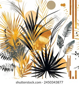 Patrón botánico sin costuras de acuarela con plantas tropicales, hojas de palma, líneas de oro. Vector frondoso pintado hermoso fondo. Patrón floral. Arreglos ornamentados abstractos de moda con plantas tropicales