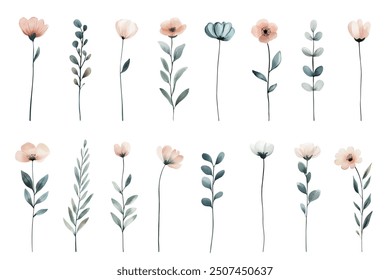 Watercolor botanical set. Meadow wild flowers in pastel colors. Delicate watercolor plants for wedding invitations, cards. 