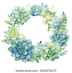 Guirnalda botánica de acuarela con plantas suculentas de colores vibrantes y vegetación dispuestas en un diseño de Vector circular fresco. Tema visual estacional relajante y elegante fondo