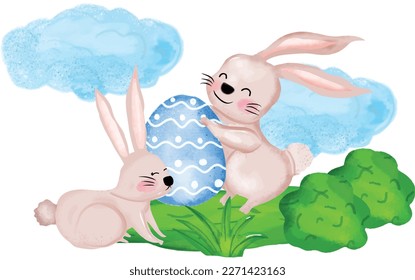 Watercolor both cute bunnies carry easter eggs with green grass