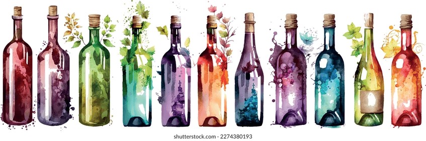 Watercolor Bottles - Set of Vector illustrations of wine and spirits bottles in watercolor paint syle