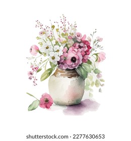 Watercolor bouqet with wild pink and white flowers in vase. Collection magenta flowers, leaves, branches. Design for greetings, card, invitation, flyer, banner.