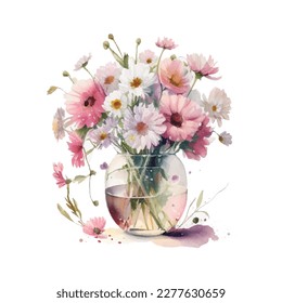 Watercolor bouqet with wild pink and white flowers in vase. Collection magenta flowers, leaves, branches. Design for greetings, card, invitation, flyer, banner.