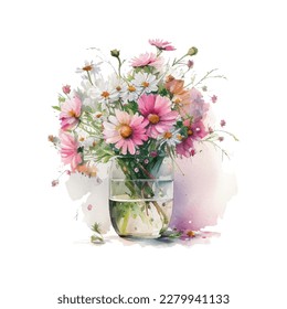 Watercolor bouqet with wild pink and white flowers in vase. Collection magenta flowers, leaves, branches. Design for greetings, card, invitation, flyer, banner.