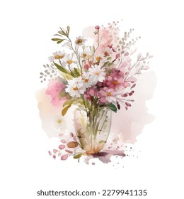 Watercolor bouqet with wild pink and white flowers in vase. Collection magenta flowers, leaves, branches. Design for greetings, card, invitation, flyer, banner.