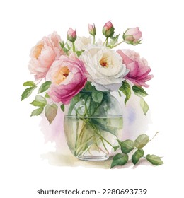 Watercolor bouqet with wild pink and white Roses in vase. Collection magenta flowers, leaves, branches. Design for greetings, card, invitation, flyer, banner.