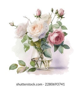 Watercolor bouqet with wild pink and white Roses in vase. Collection magenta flowers, leaves, branches. Design for greetings, card, invitation, flyer, banner.