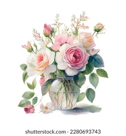 Watercolor bouqet with wild pink and white Roses in vase. Collection magenta flowers, leaves, branches. Design for greetings, card, invitation, flyer, banner.