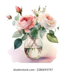 Comida acuarela con rosas y blancas en jarrón. Colección de flores magenta, hojas, ramas. Diseño para saludos, tarjeta, invitación, volante, banner.