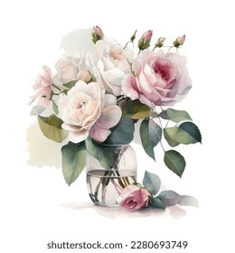 Watercolor bouqet with wild pink and white Roses in vase. Collection magenta flowers, leaves, branches. Design for greetings, card, invitation, flyer, banner.