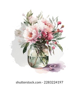 Watercolor bouqet with wild pink and white flowers in vase.