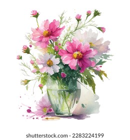 Watercolor bouqet with wild pink and white flowers in vase.