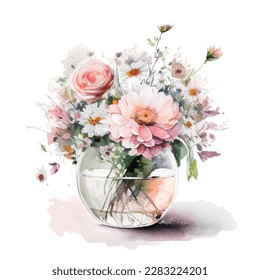 Watercolor bouqet with wild pink and white flowers in vase.