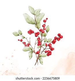 watercolor bouquet of berries branches on splash stain background. elements suitable for decorative Christmas festivals, Winter, New year invitations, or greeting cards.