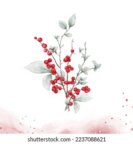 watercolor bouquet of berries branches on splash stain background. elements suitable for decorative Christmas festivals, Winter, New year invitations, or greeting cards.