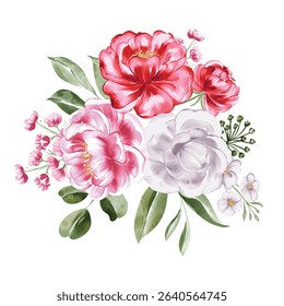 Watercolor Bouquet: Crimson Roses, White Peonies and Delicate Blooms