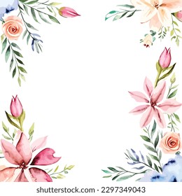 A watercolor bouquet floral frame with lily pink flowers and leaves botanical art style