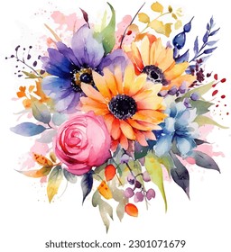 A watercolor bouquet of flowers with a pink flower.