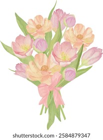 Watercolor Bouquet of Fresh Spring Tulips and Wildflowers, Tied with Silk Bow for Weddings birthday Celebrations greeting cards invitations baby showers Mother's Dayvector