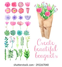 Watercolor bouquet maker. Flower elements and paper wrapper