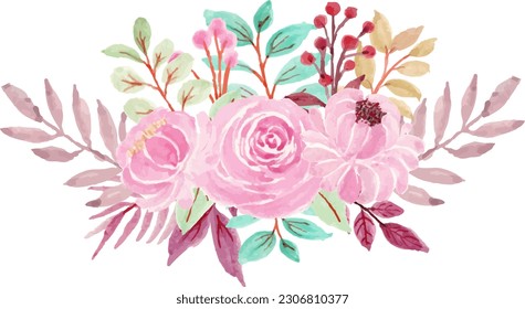 watercolor bouquet of pink roses leaves green