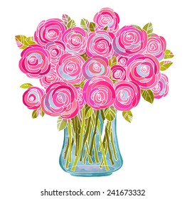 Watercolor bouquet of roses flowers in a vase closeup isolated on white background 