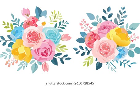 watercolor bouquet of roses set.invitation, wedding, bouquet, illustration, decoration, design, flower, leaf, garden, border, clip art, elegance, elegant, graphic, greenery, horizontal, luxury,