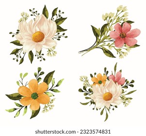 Watercolor bouquet vector painting with flowers and leaves